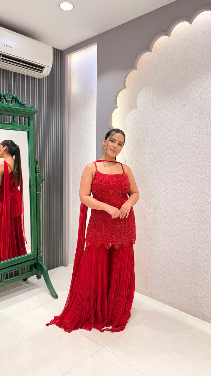 Red Handwork Cutdana Shirt with Georgette Garara Set