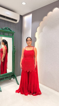 Red Handwork Cutdana Shirt with Georgette Garara Set