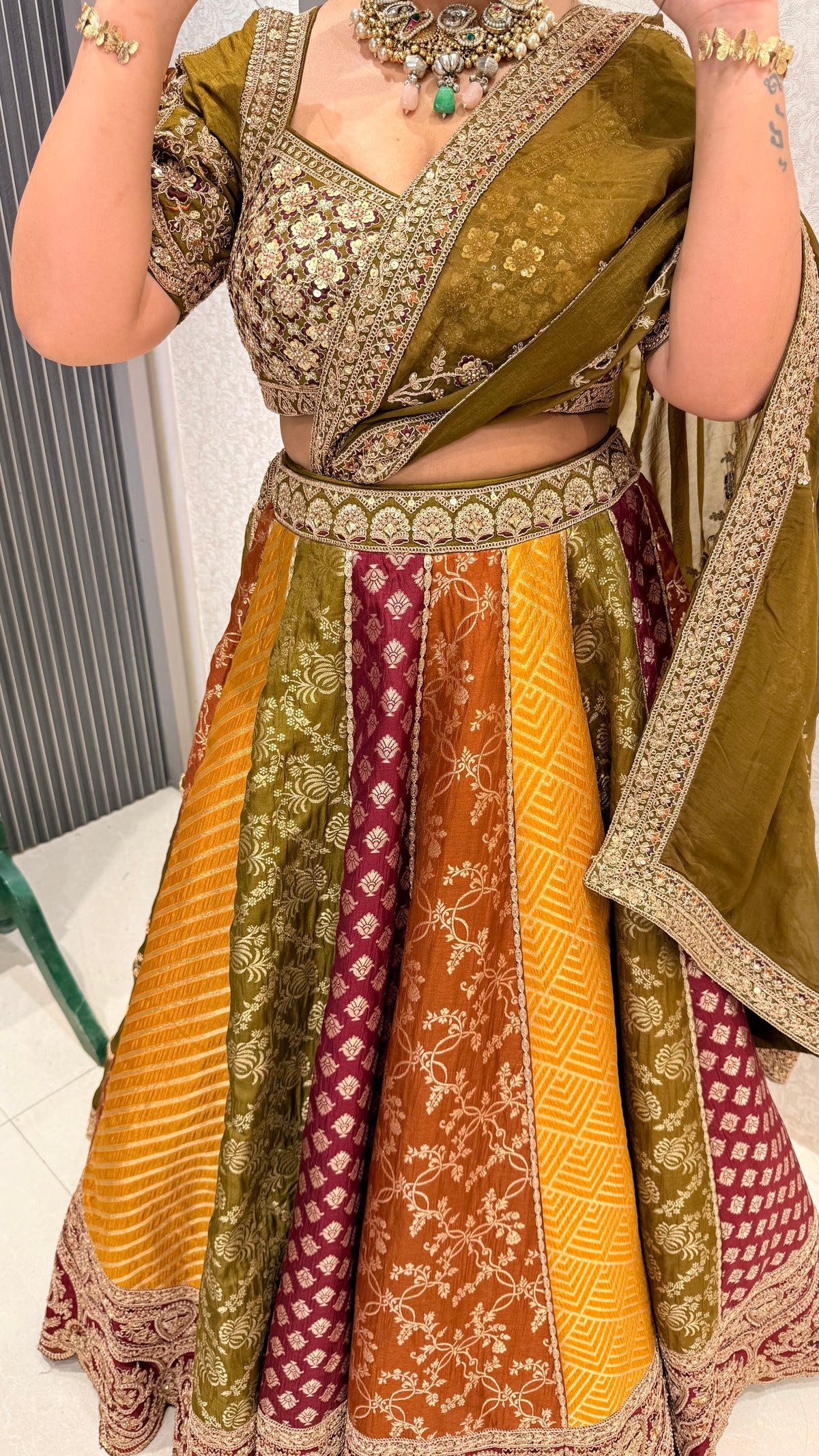 Handwork Embroidery Blouse with Multicolor Banarasi Weaving Lehenga