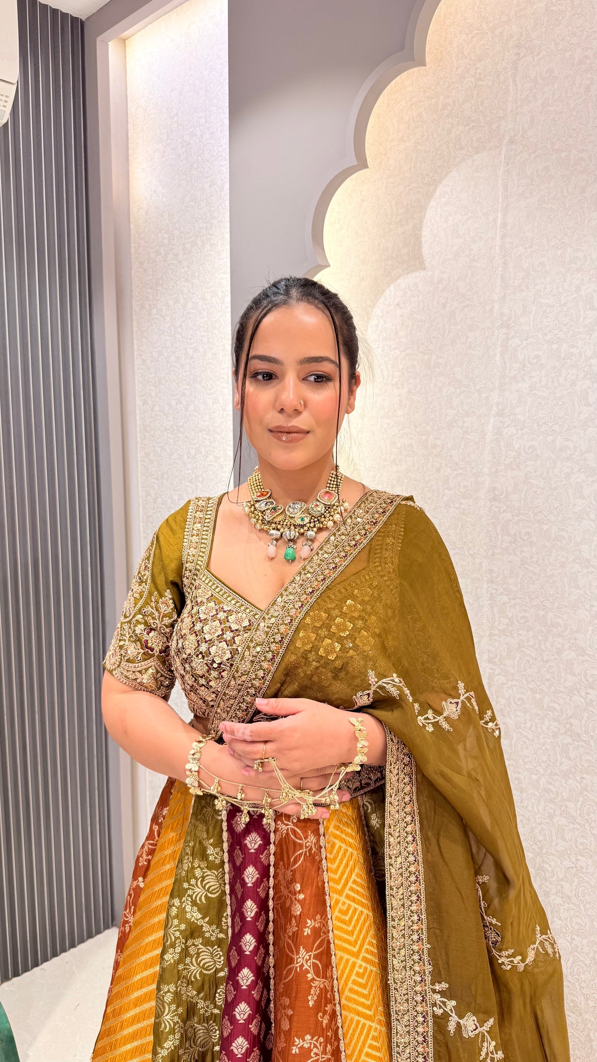 Handwork Embroidery Blouse with Multicolor Banarasi Weaving Lehenga