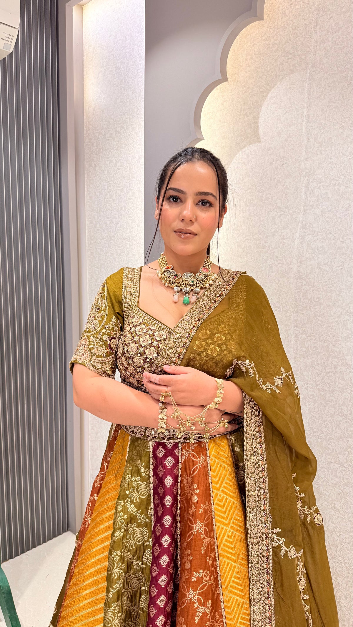 Handwork Embroidery Blouse with Multicolor Banarasi Weaving Lehenga