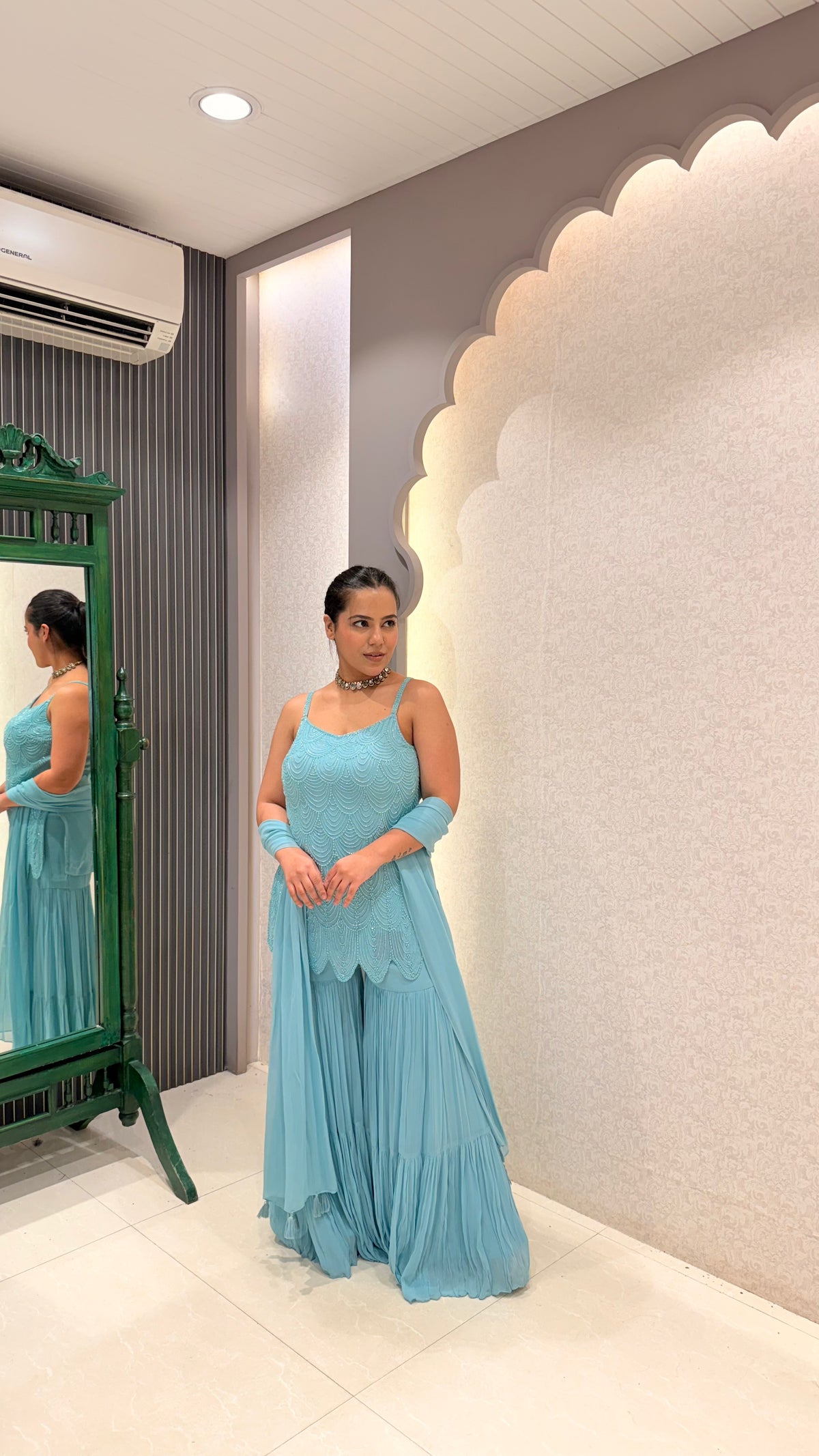 Sky Blue Handwork Cutdana Shirt with Georgette Garara Set