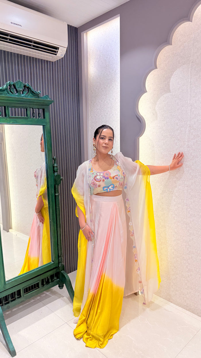 Handwork Blouse & Cape Indowestern Set with Pearl Cutdana & Gold Lace