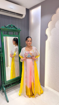 Handwork Blouse & Cape Indowestern Set with Pearl Cutdana & Gold Lace