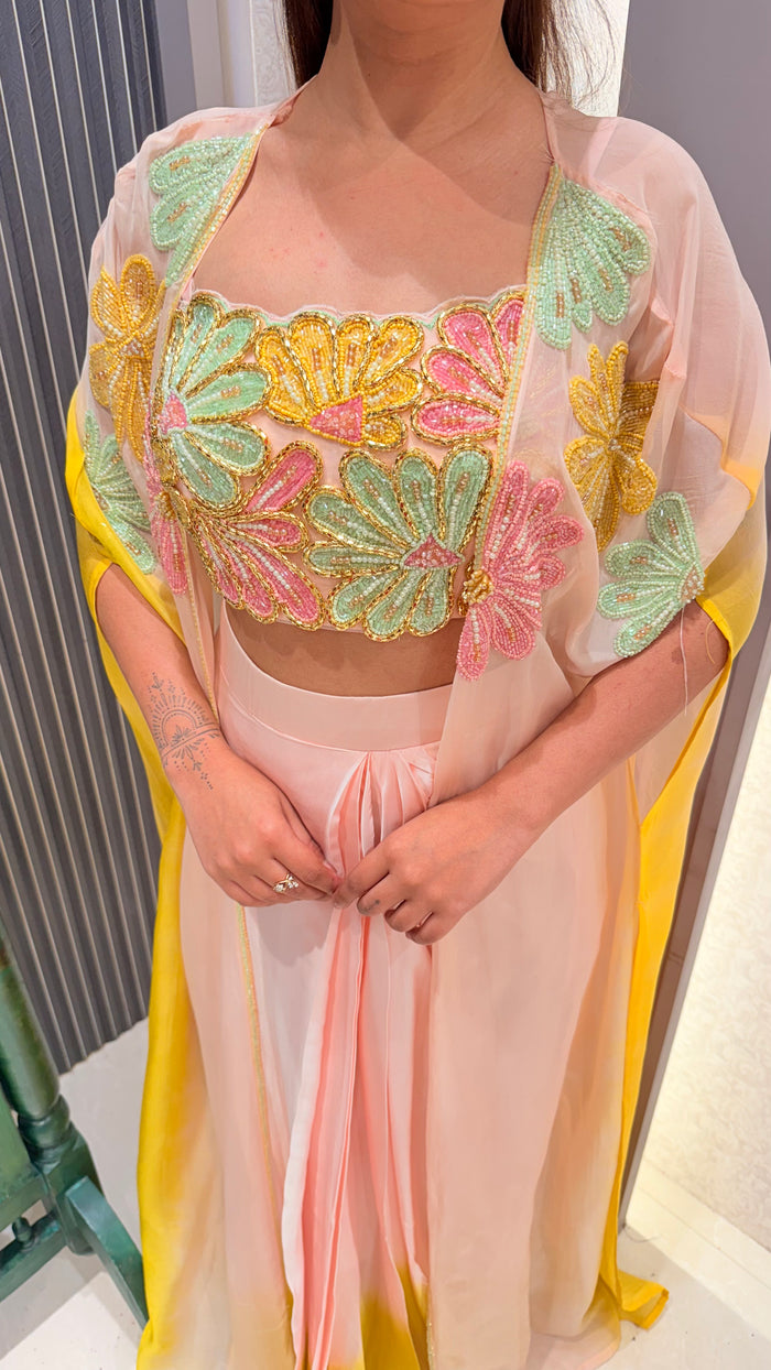 Handwork Blouse & Cape Indowestern Set with Pearl Cutdana Detailing