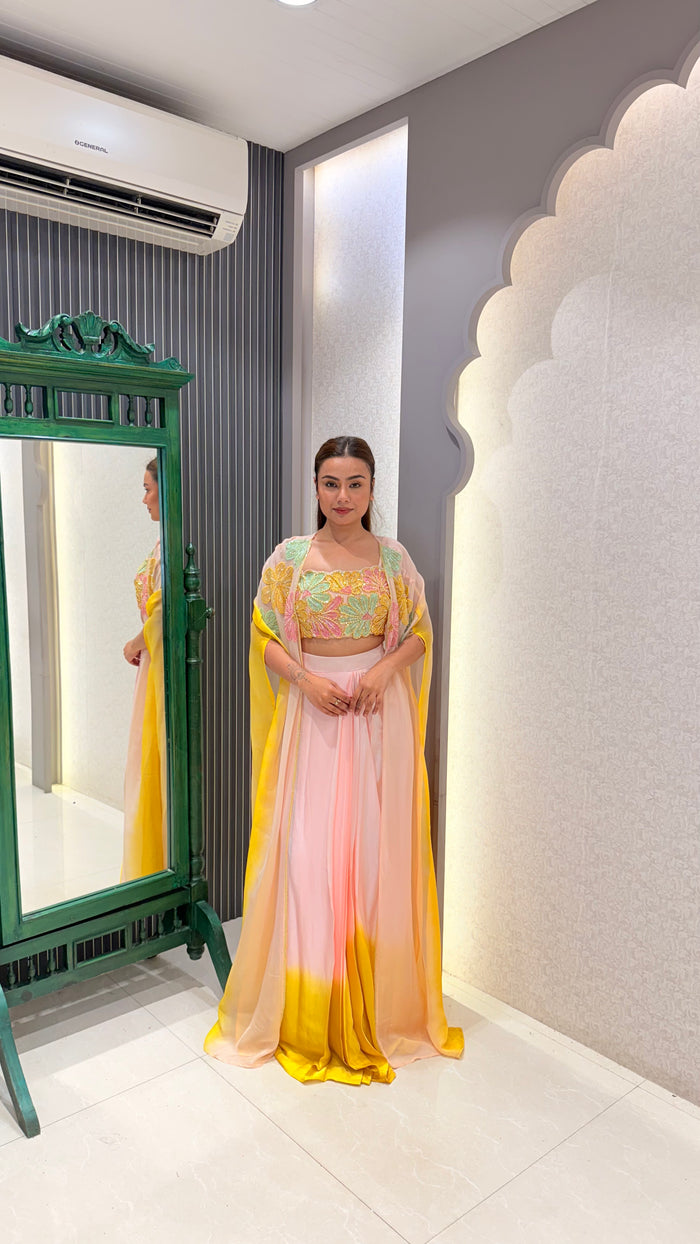 Handwork Blouse & Cape Indowestern Set with Pearl Cutdana Detailing