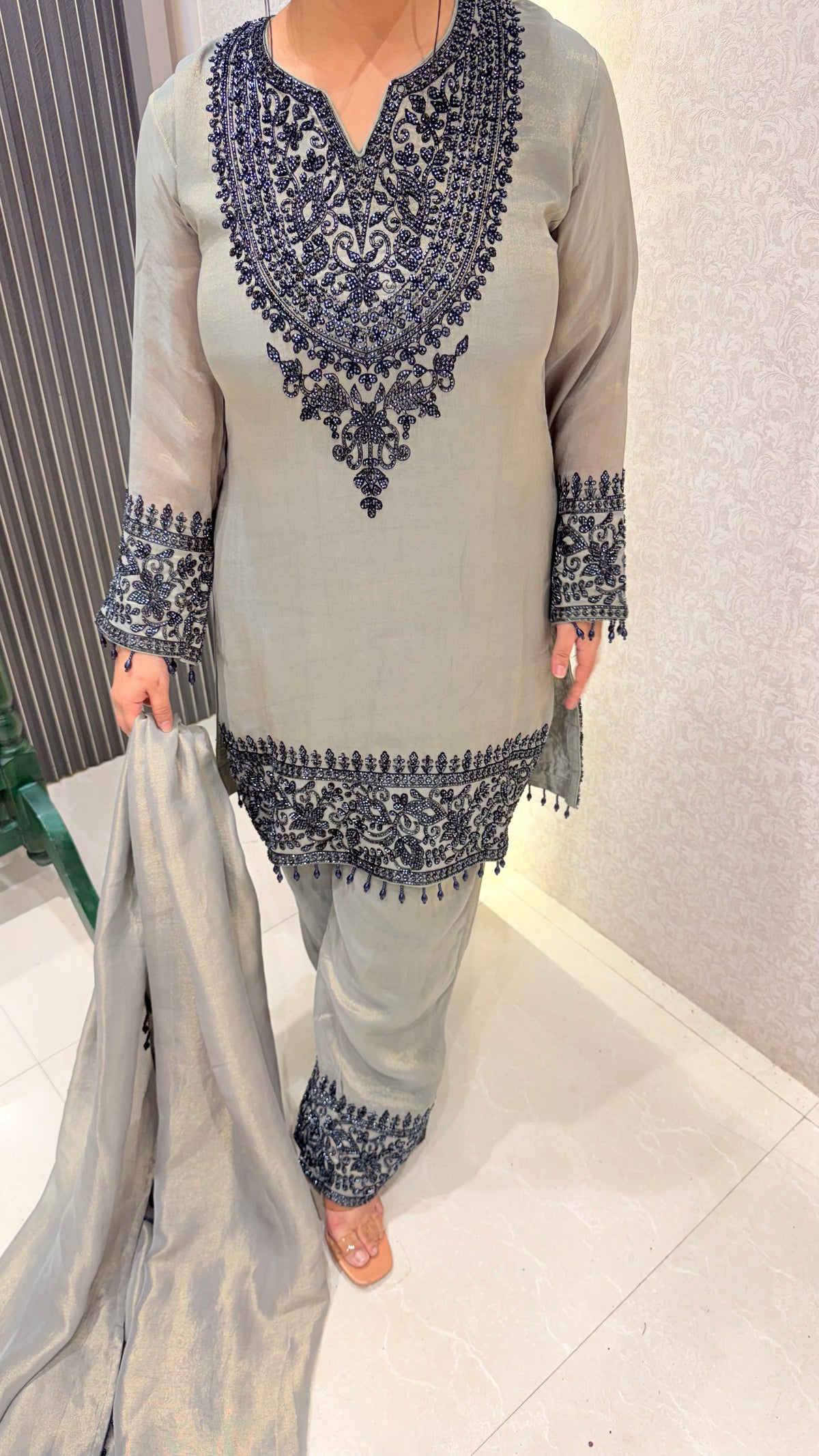 Beads Handwork Shimmer Silk Suit Set