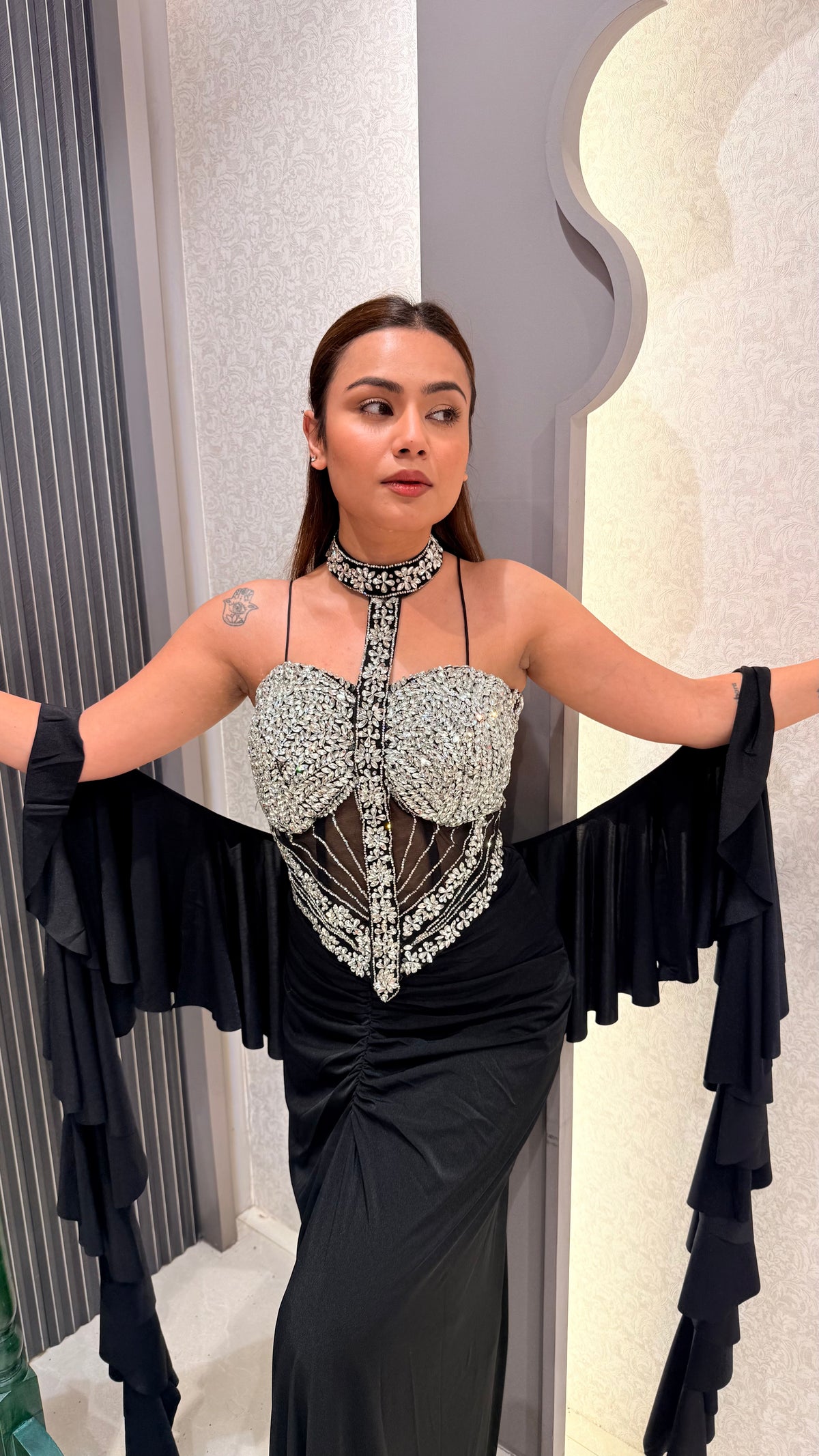 Zarkan Work Corset Blouse with Shimmer Lycra Saree – Drape Collection
