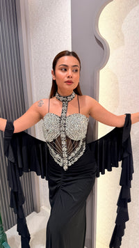 Zarkan Work Corset Blouse with Shimmer Lycra Saree – Drape Collection