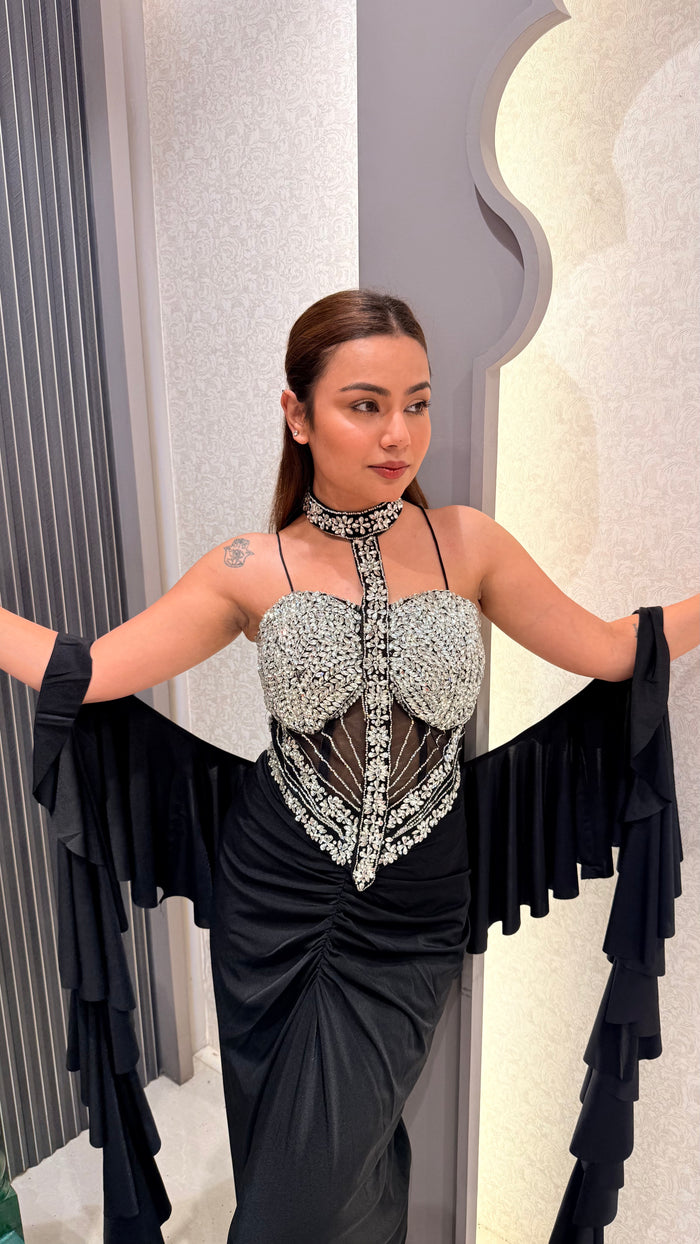 Zarkan Work Corset Blouse with Shimmer Lycra Saree – Drape Collection