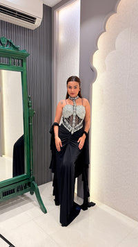 Zarkan Work Corset Blouse with Shimmer Lycra Saree – Drape Collection