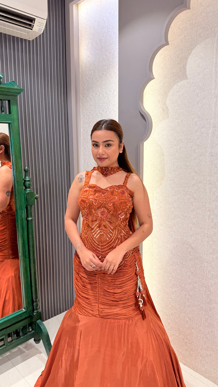 Crepe Fishcut Lehenga with Long Handwork Blouse