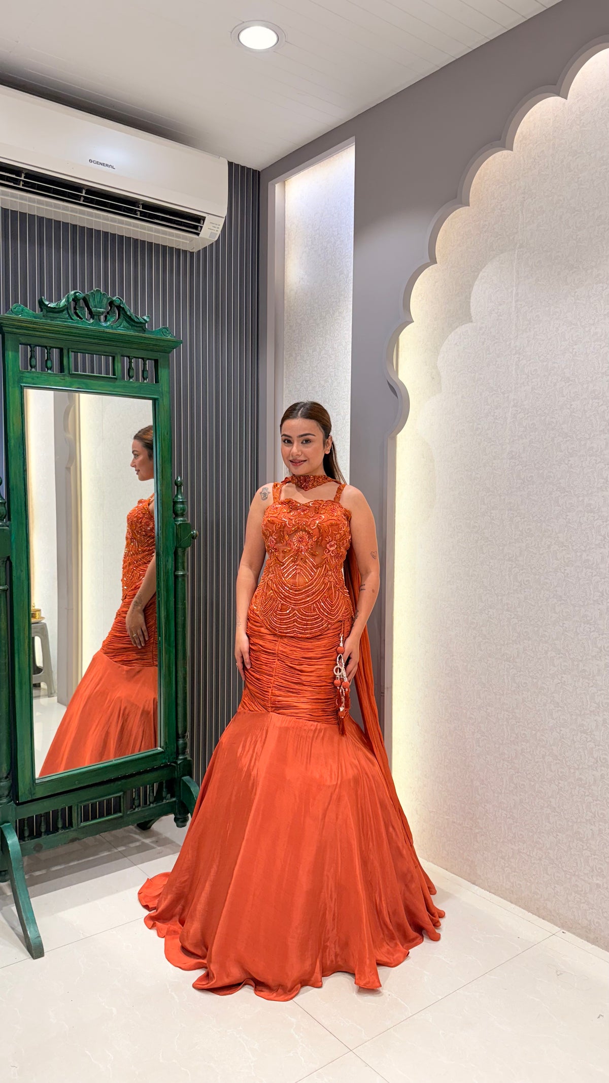 Crepe Fishcut Lehenga with Long Handwork Blouse