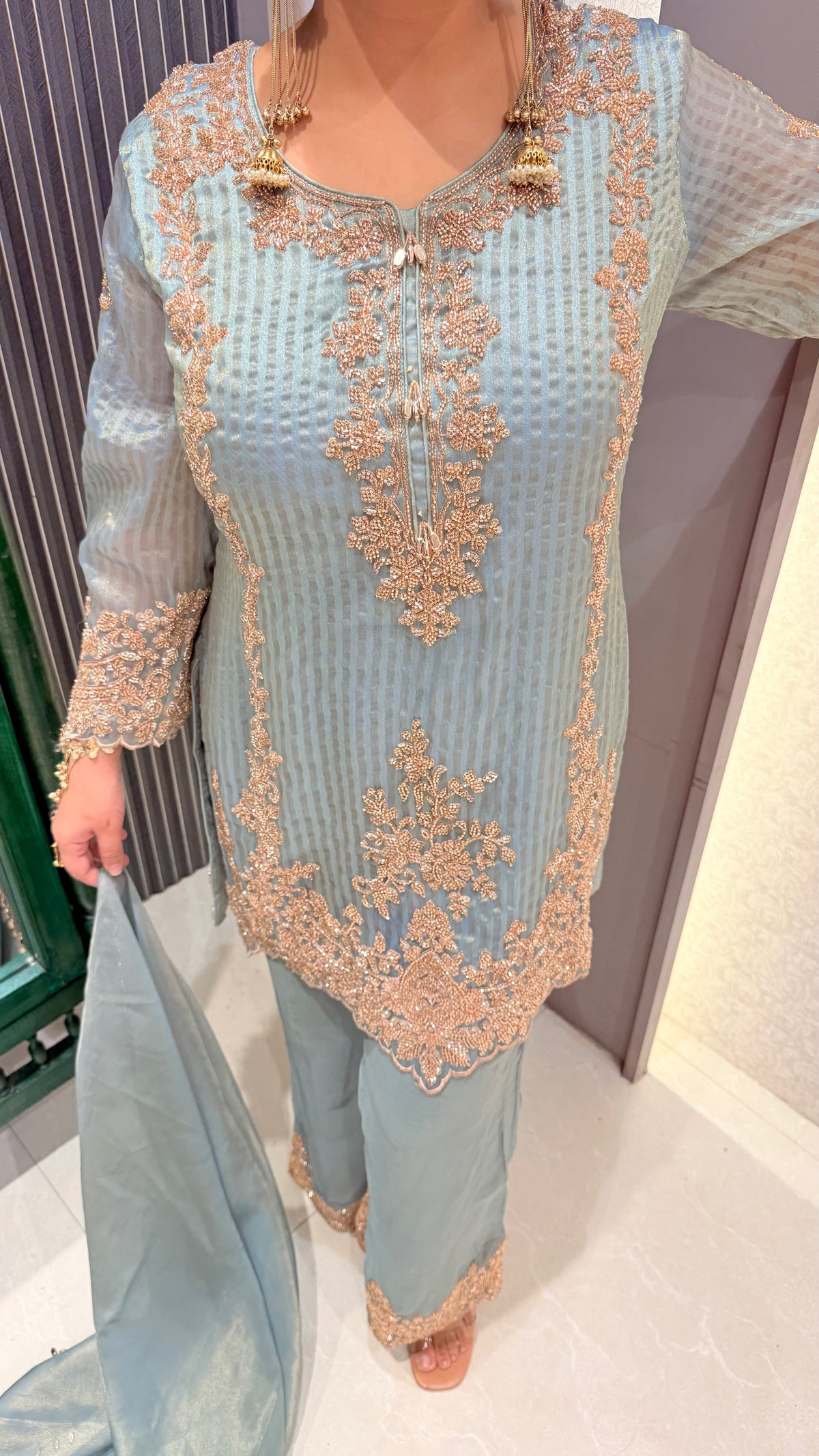 Shimmer Silk Suit with Beads Handwork