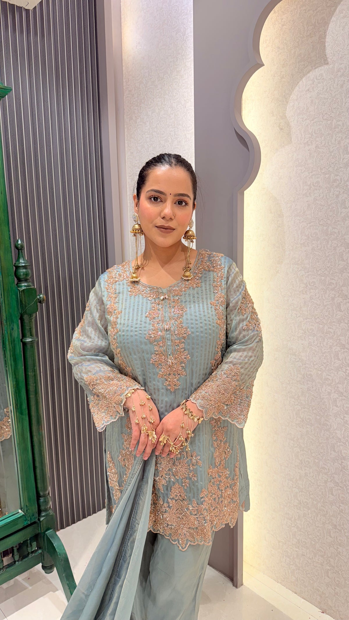 Shimmer Silk Suit with Beads Handwork