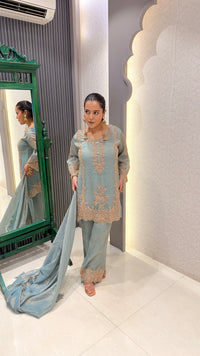 Shimmer Silk Suit with Beads Handwork