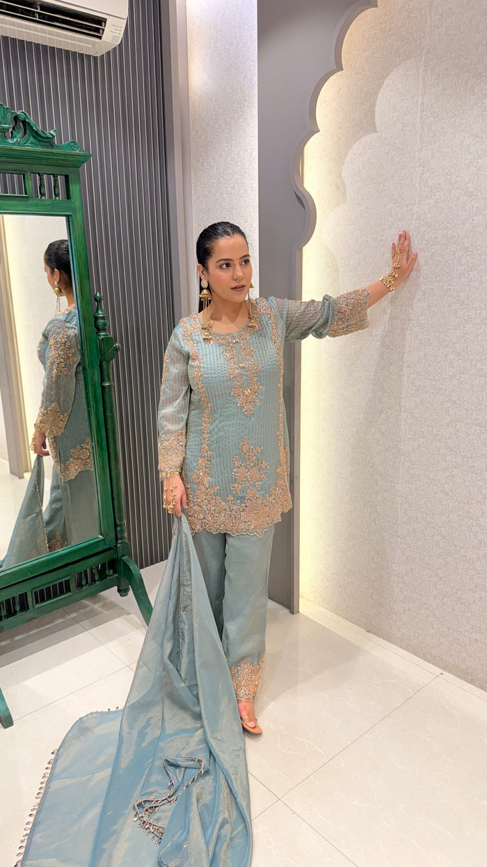 Shimmer Silk Suit with Beads Handwork