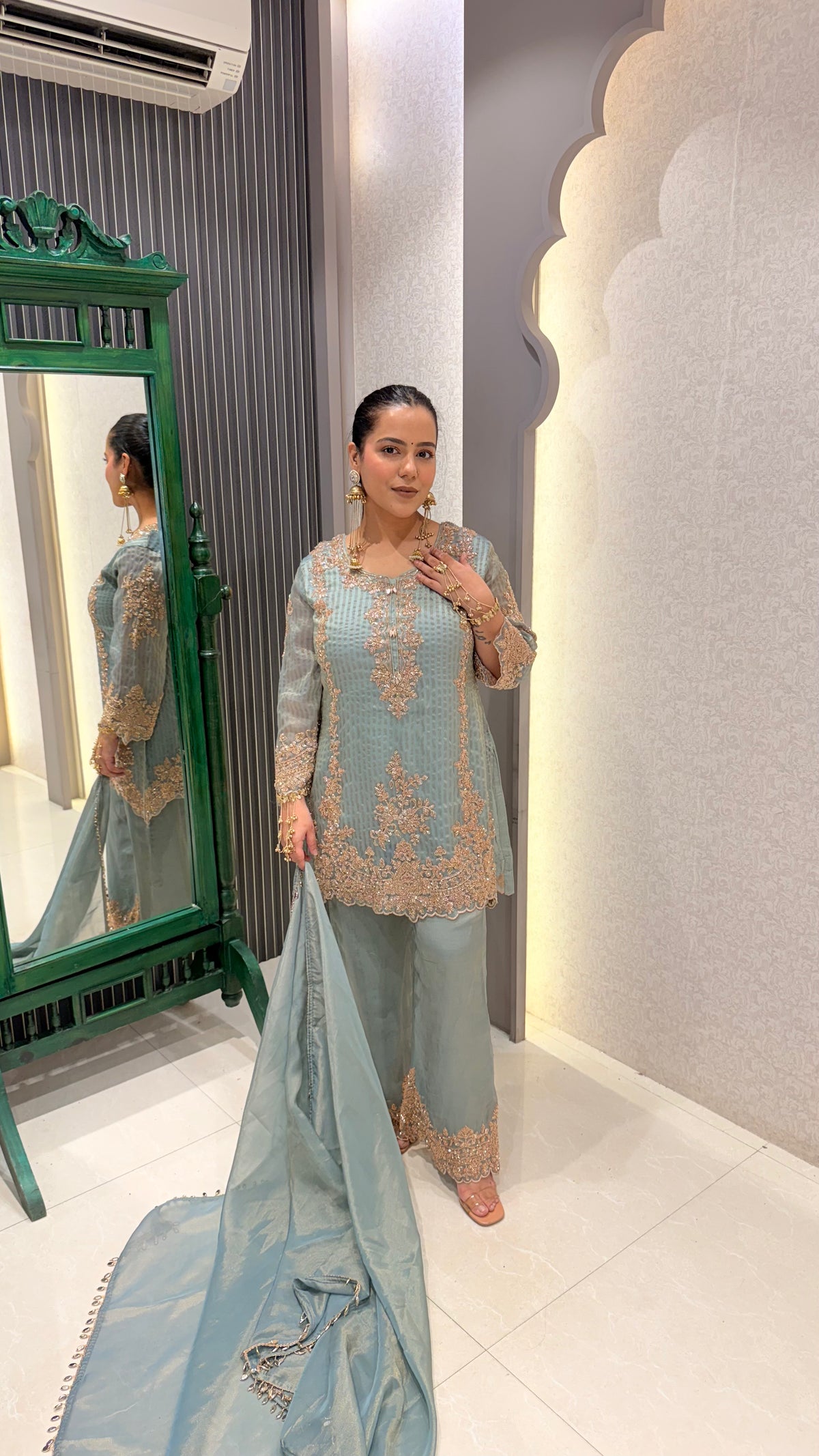 Shimmer Silk Suit with Beads Handwork
