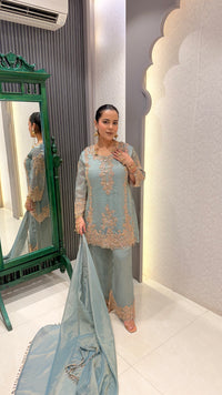 Shimmer Silk Suit with Beads Handwork