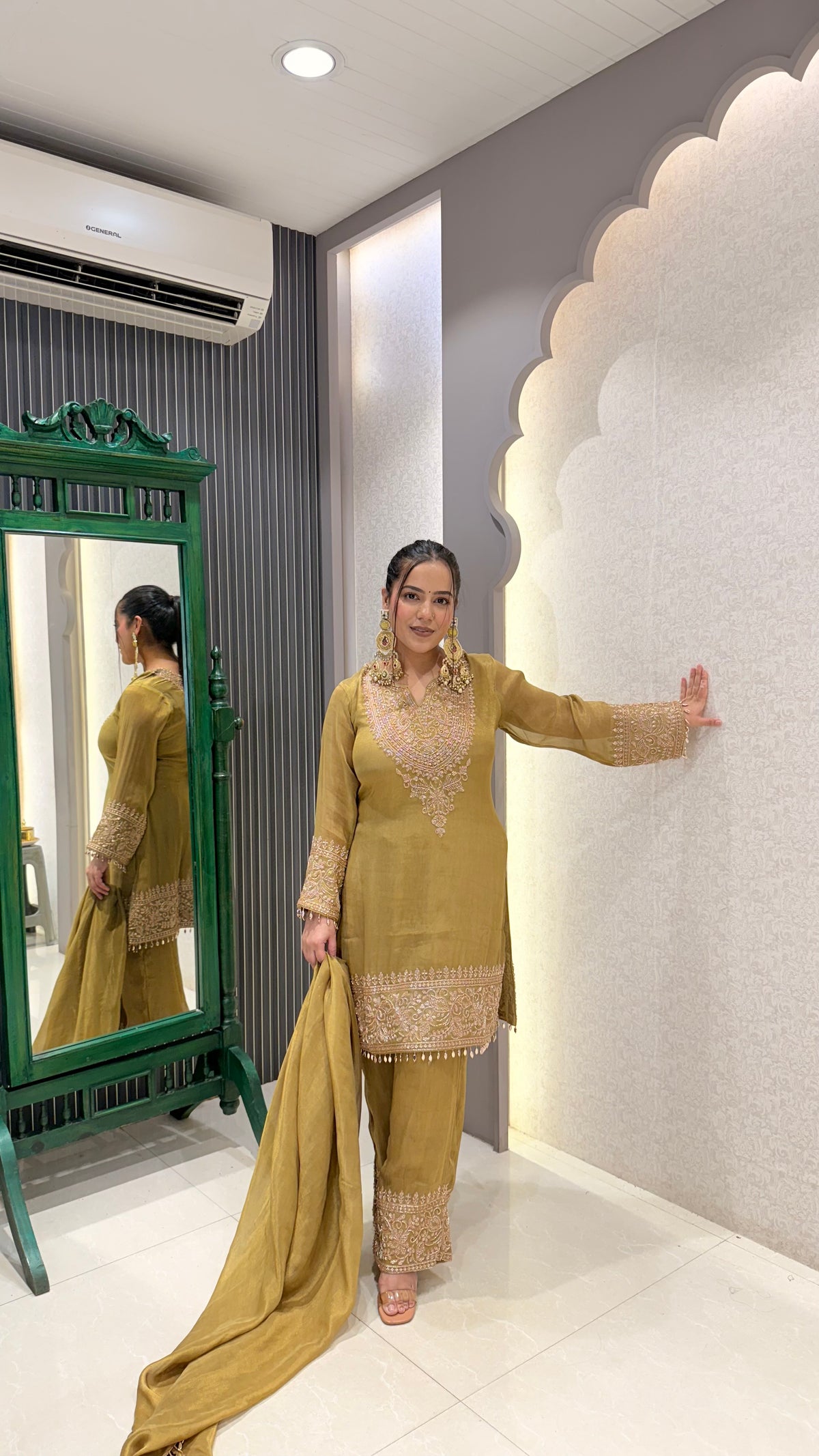 Beads Handwork Suit in Shimmer Silk Fabric