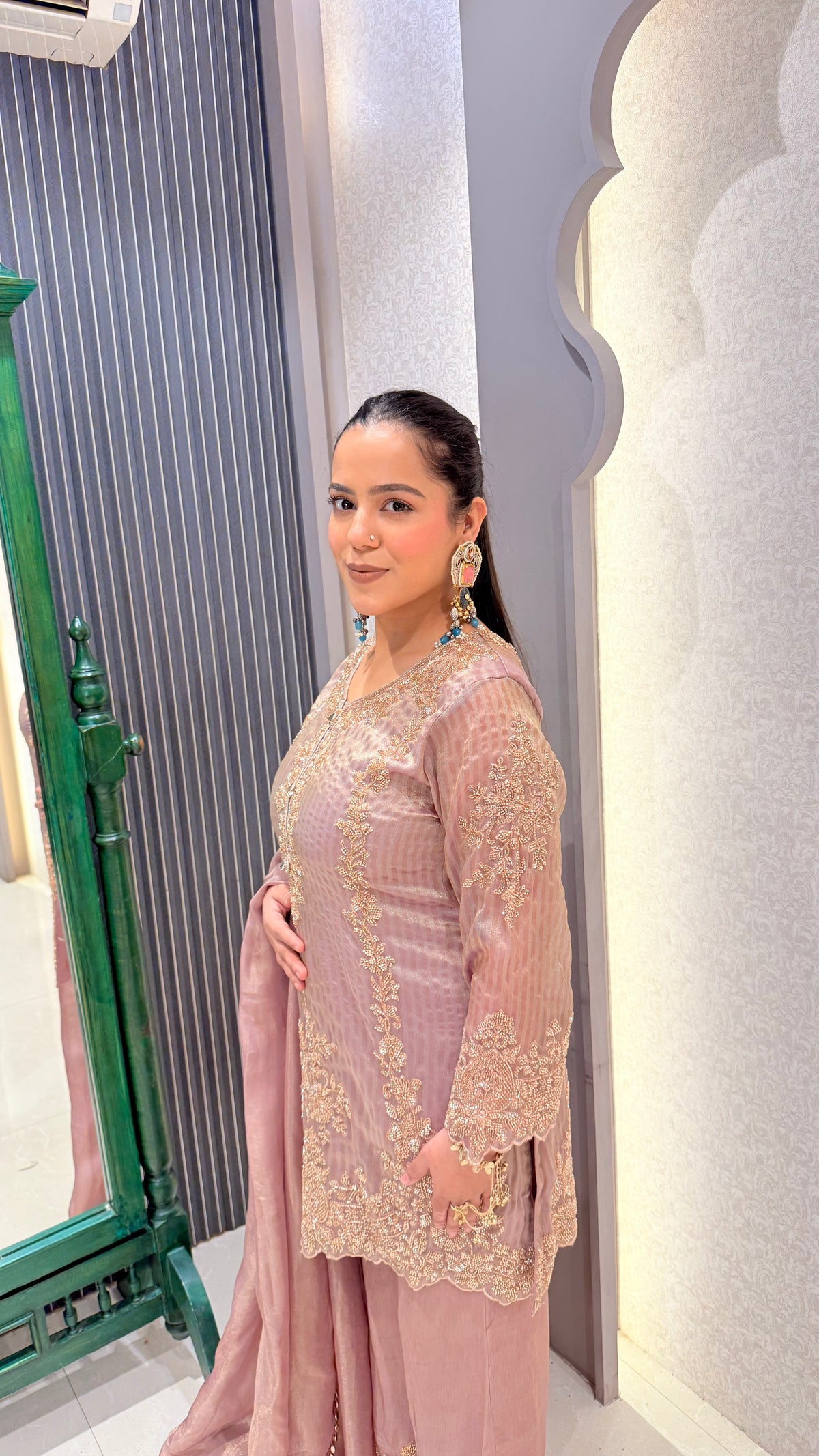 Shimmer Silk Suit with Beads Handwork