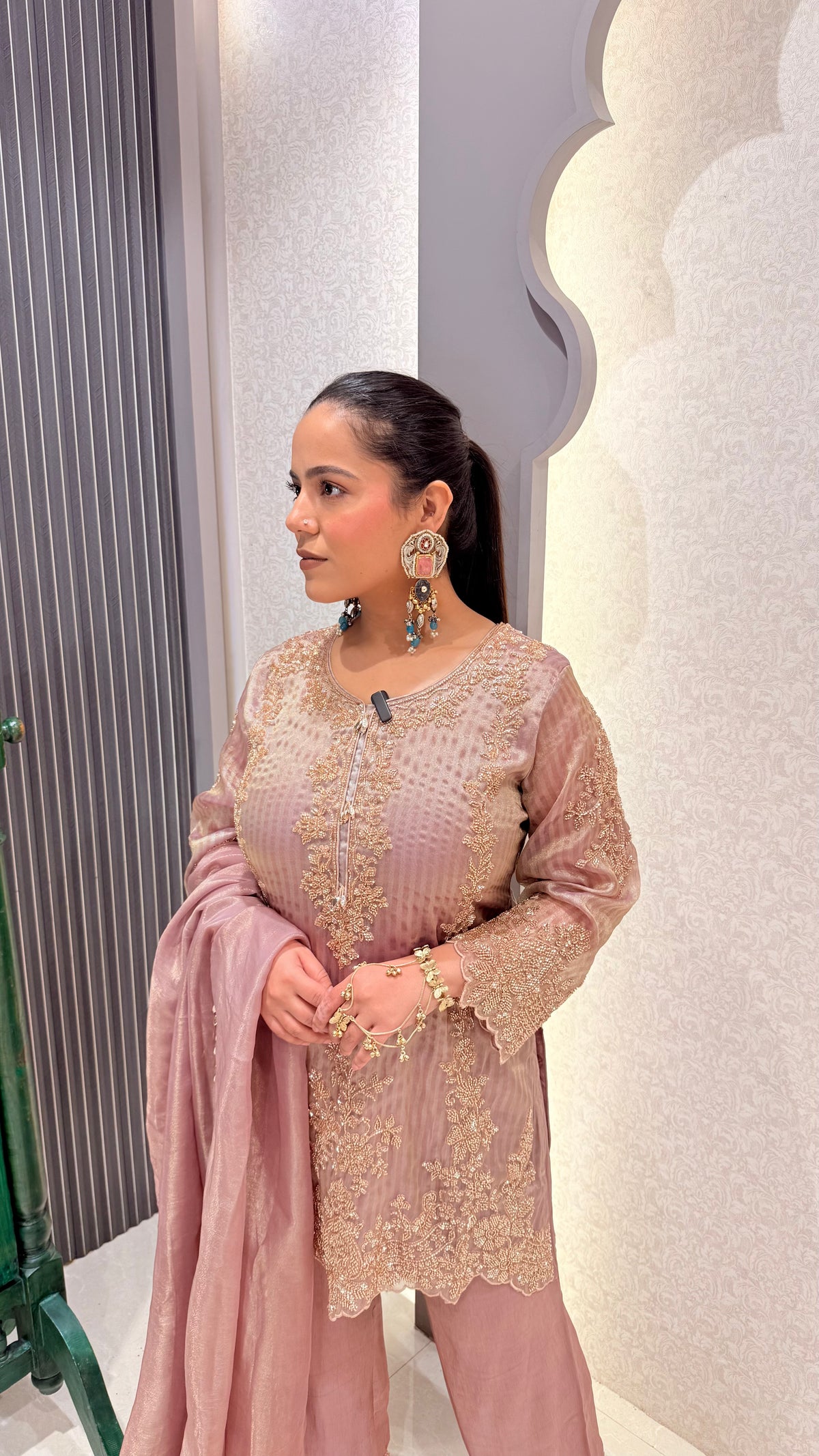 Shimmer Silk Suit with Beads Handwork