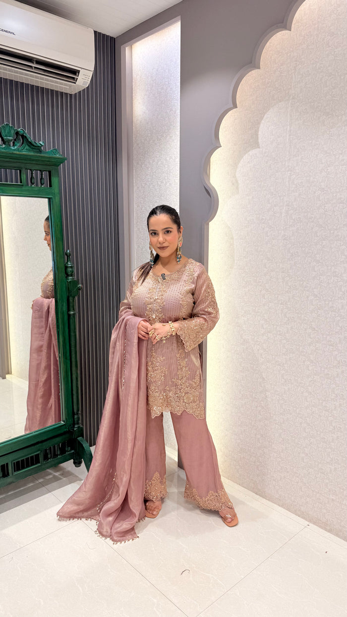 Shimmer Silk Suit with Beads Handwork