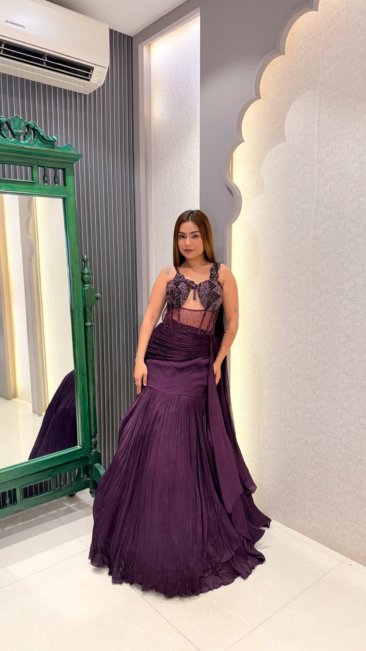Handwork Corset Blouse with Chinon Fishcut Lehenga