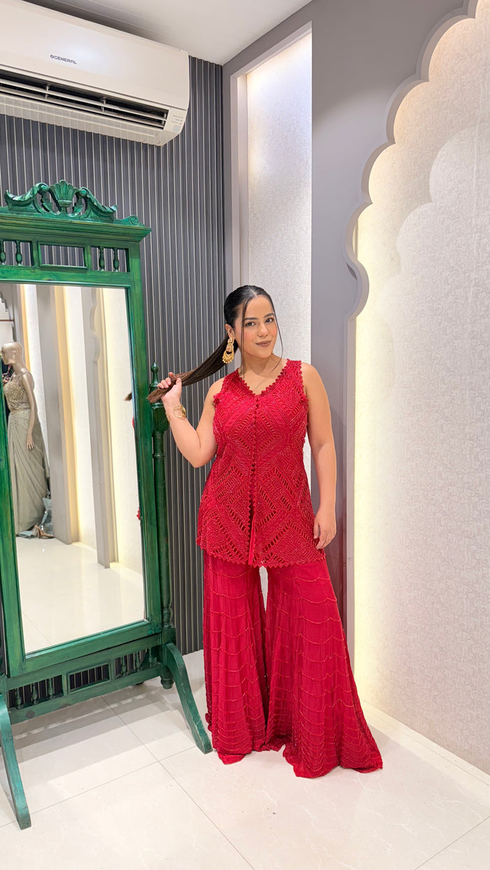 Chinon Indo-Western Set with Cutwork Handwork Shirt & Heavy Garar