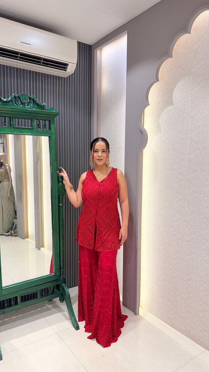 Chinon Indo-Western Set with Cutwork Handwork Shirt & Heavy Garar