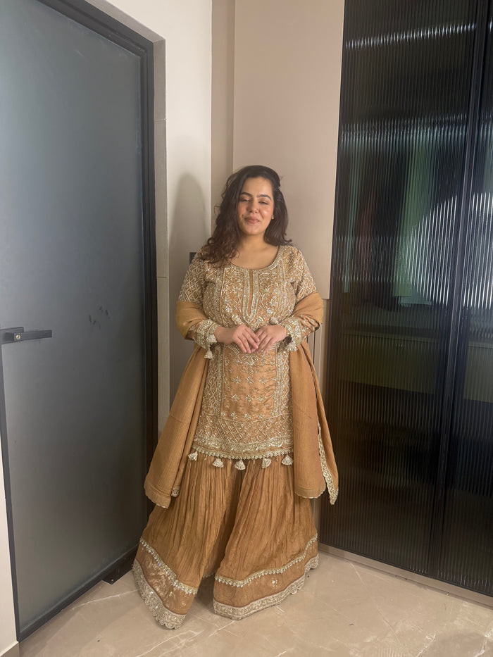 Gold Garara Set with Dabka Handwork – Sizes Upto 46