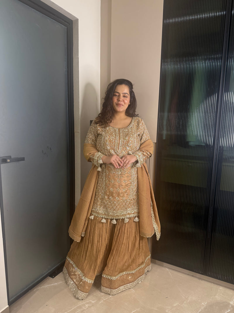 Gold Garara Set with Dabka Handwork – Sizes Upto 46