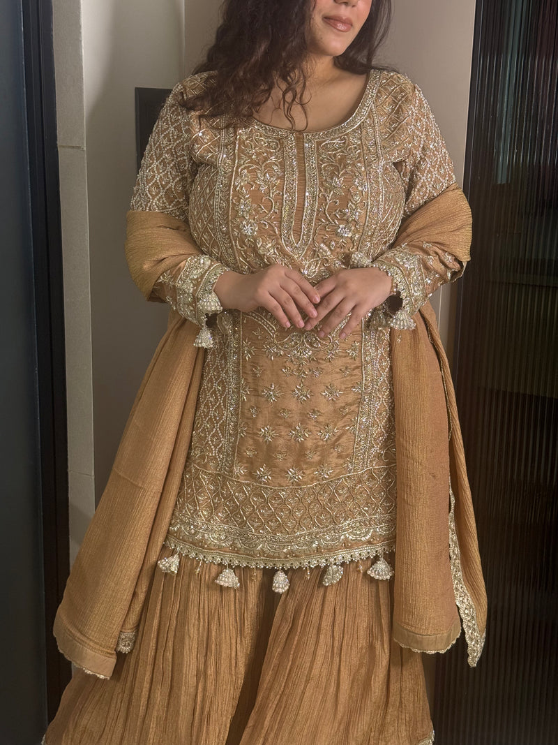 Gold Garara Set with Dabka Handwork – Sizes Upto 46