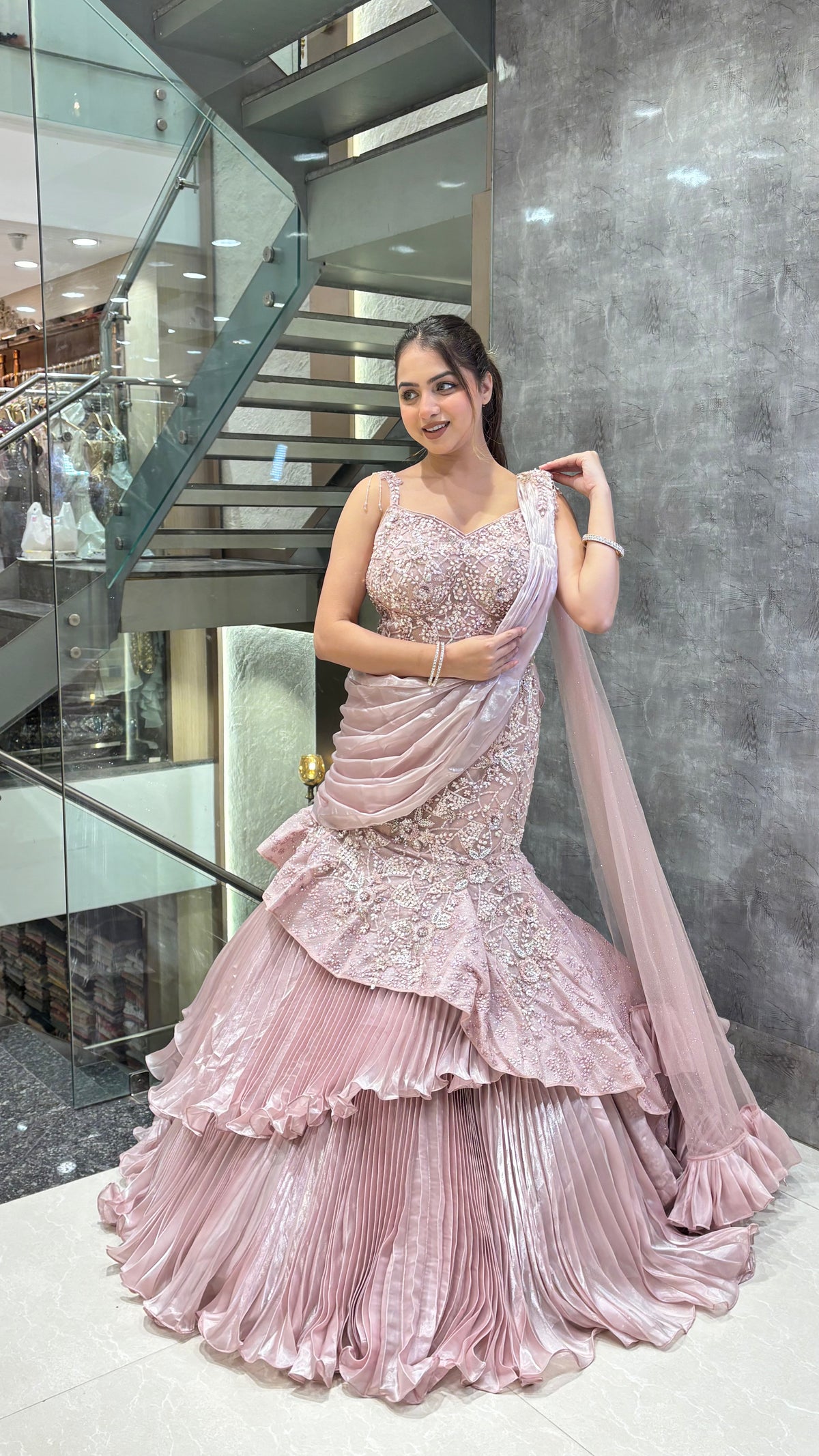 Gold Lehnga with Beads Handwork – Sizes Upto 42