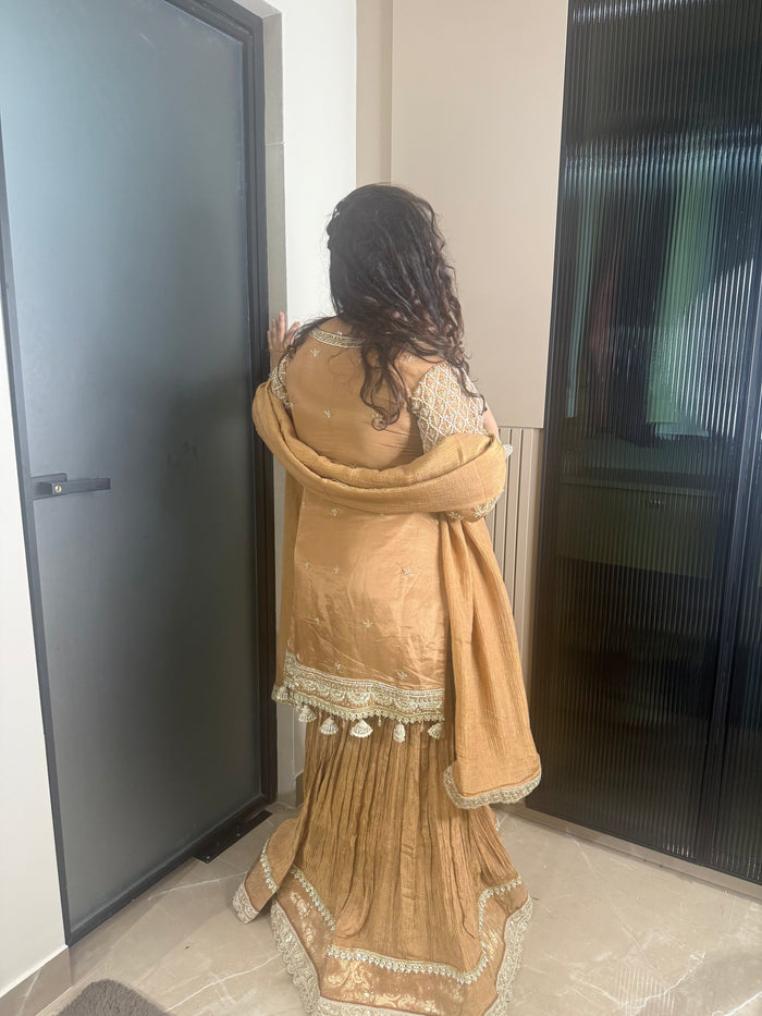 Gold Garara Set with Dabka Handwork – Sizes Upto 46