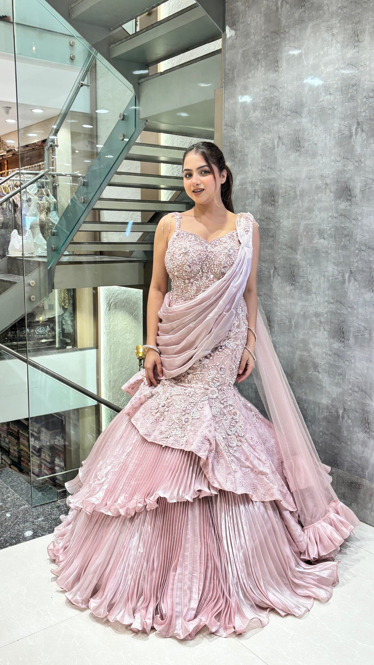 Gold Lehnga with Beads Handwork – Sizes Upto 42