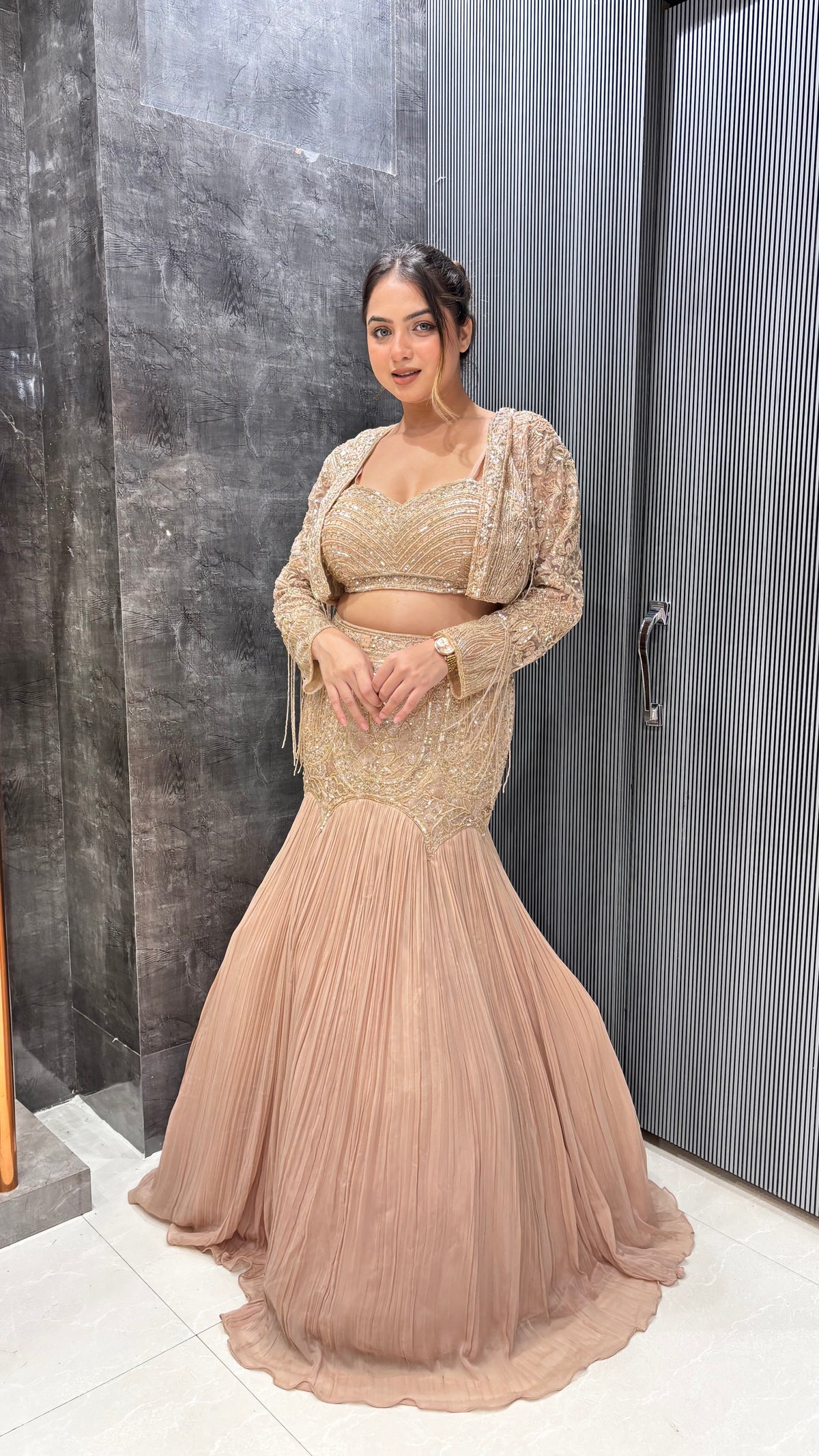 Gold fishcut Lehnga with Beads cutdana sequin zarkan detaling  – Sizes Upto 42