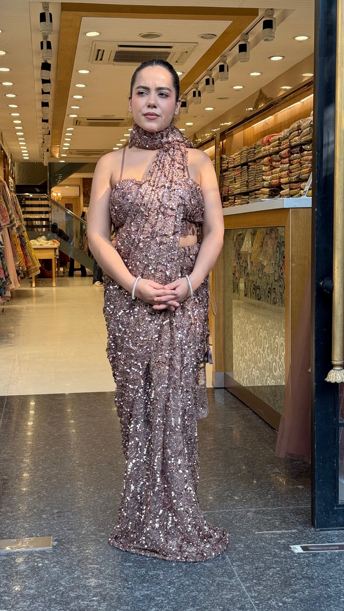 Luxury Drape Saree with Handwork Corset Blouse – Cutdana, Mirror & Sequin Embroidery