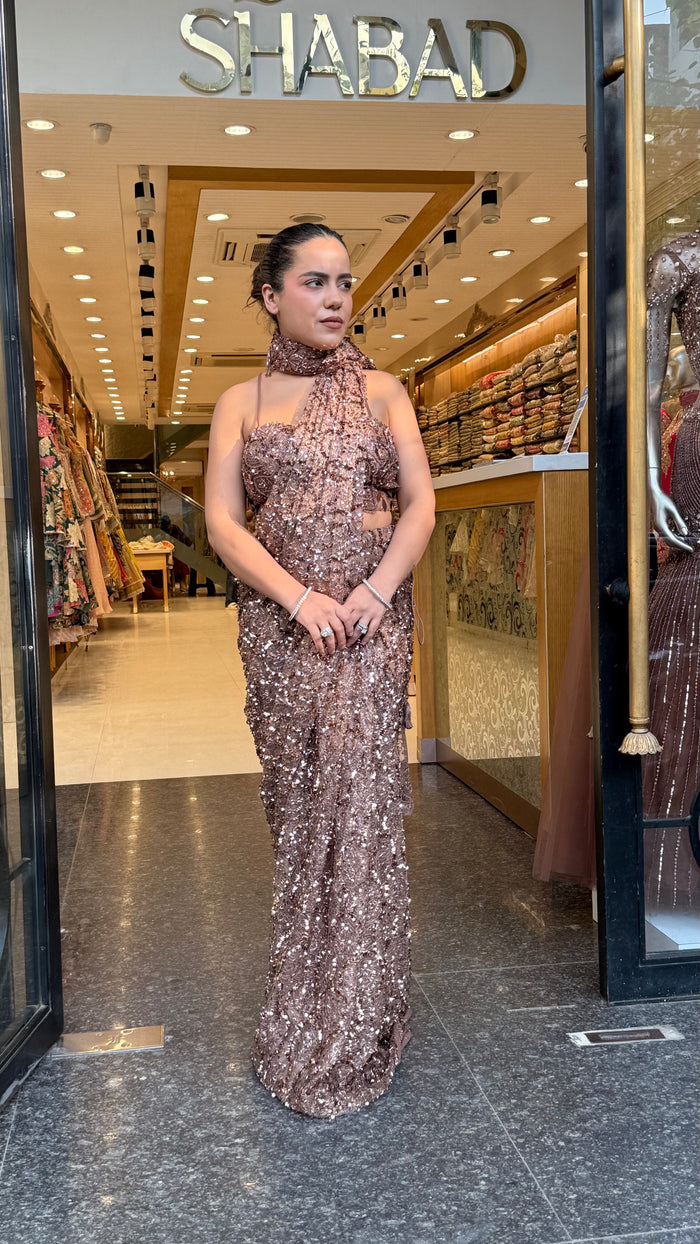 Luxury Drape Saree with Handwork Corset Blouse – Cutdana, Mirror & Sequin Embroidery