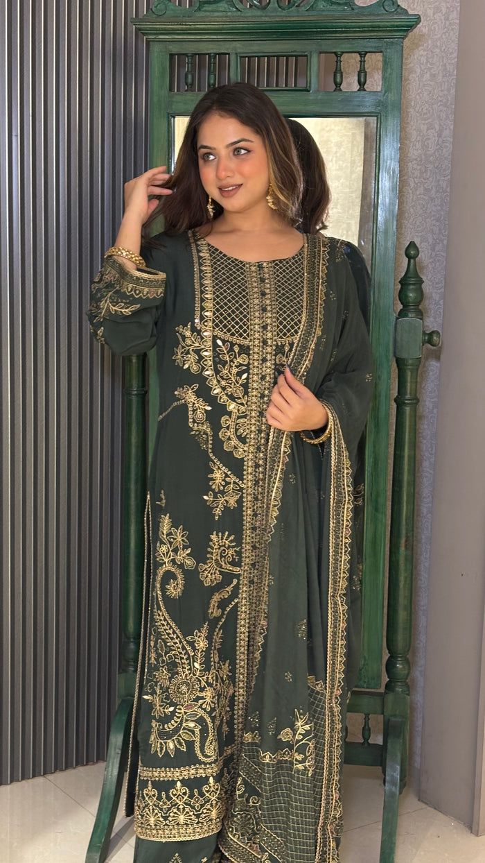 Crepe Suit with Digital Print, Zari Outline & Gotta Pasting