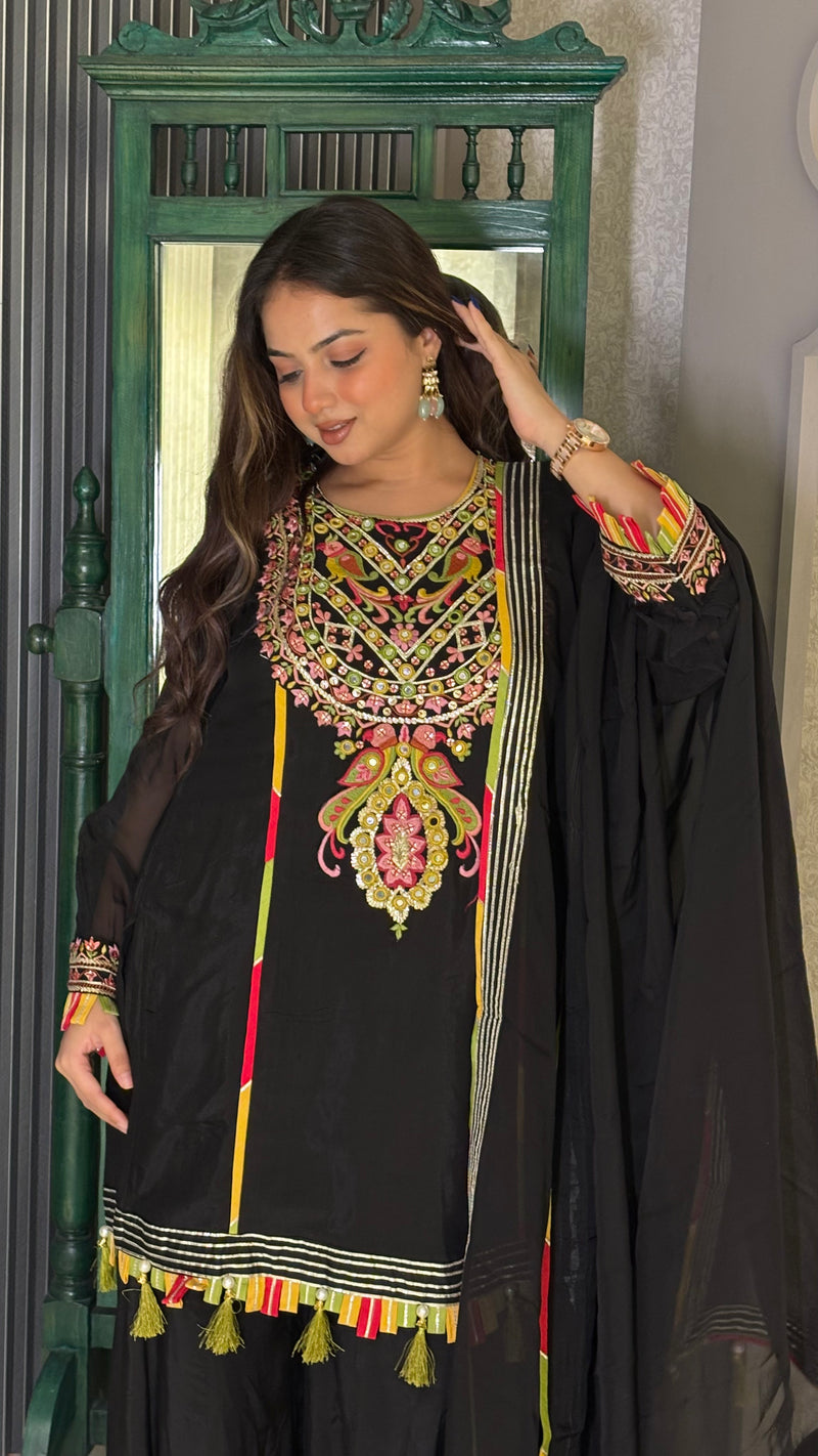 Multicolor Embroidery Kurta Set in Soft Maslin Fabric