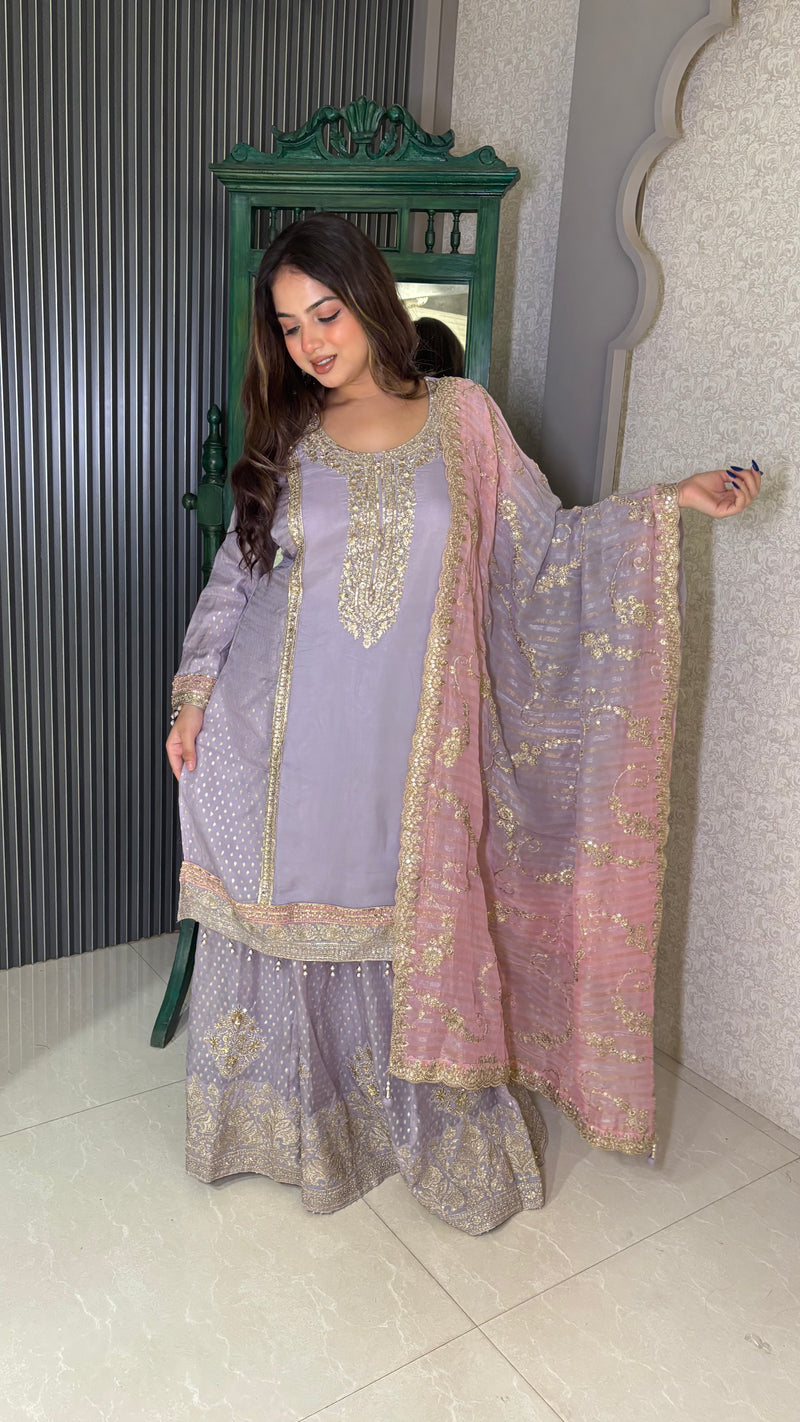 Shimmer Organza Suit with Zari & Sequin Work | Banarasi Bottom