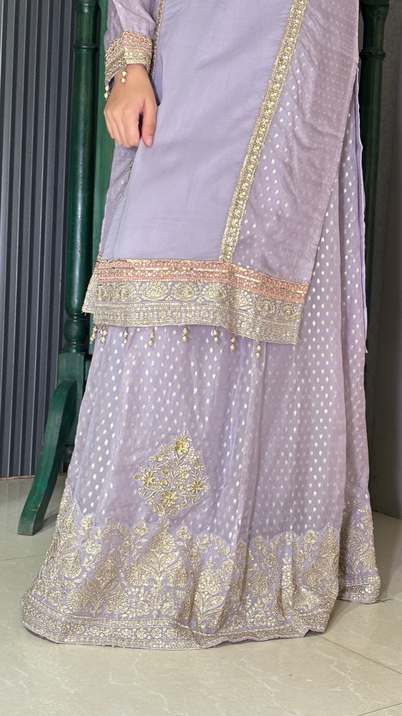 Shimmer Organza Suit with Zari & Sequin Work | Banarasi Bottom