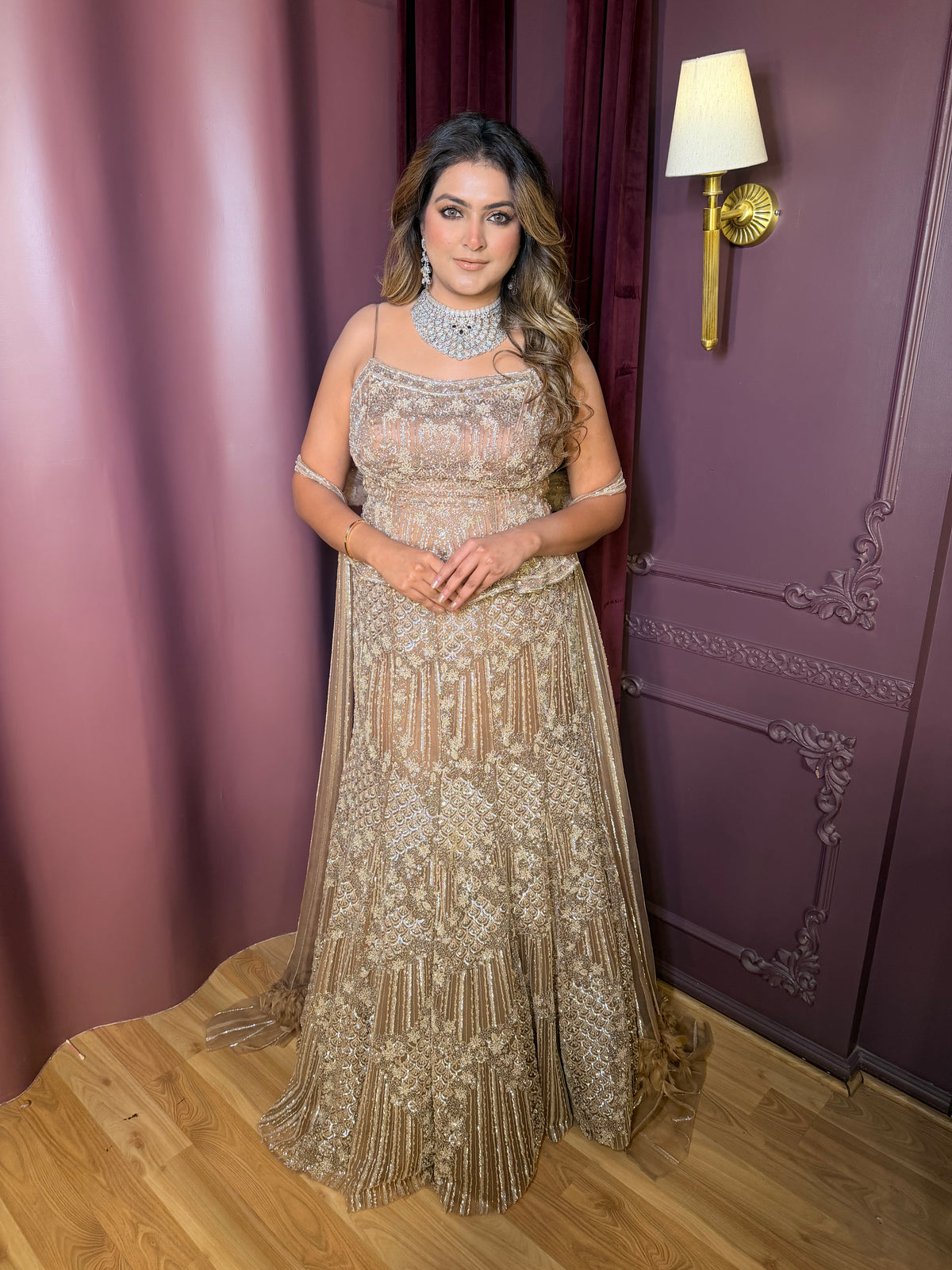 Handwork Lehenga Set with Peplum Blouse, Pearl, Sequin & Cutdana Detailing with Choker Dupatta
