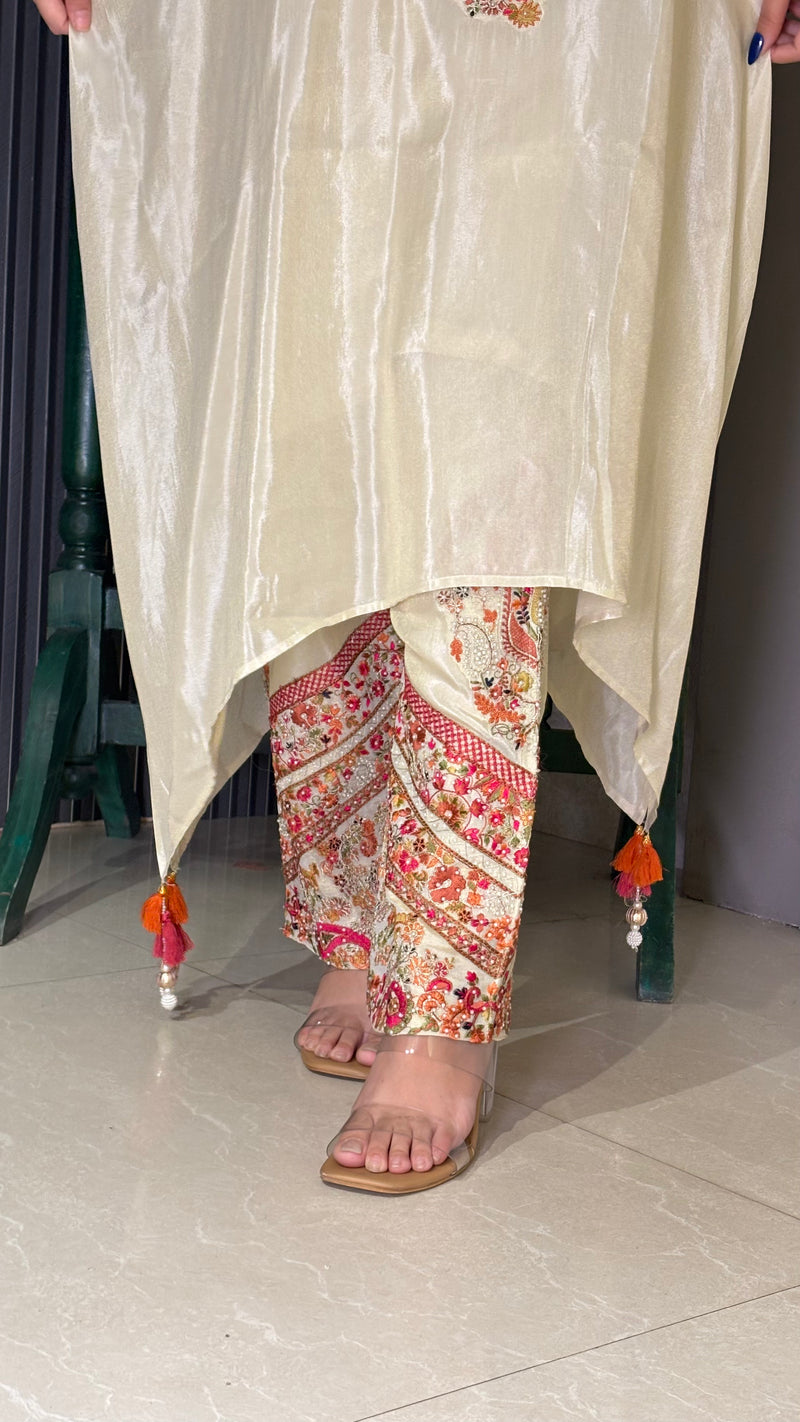 Kashmiri Embroidery Kaftan Coord Set in Shimmer Organza