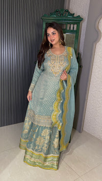 Banarasi Shimmer Suit  with Knot Work, Pearl & Sequin Zari Bottom