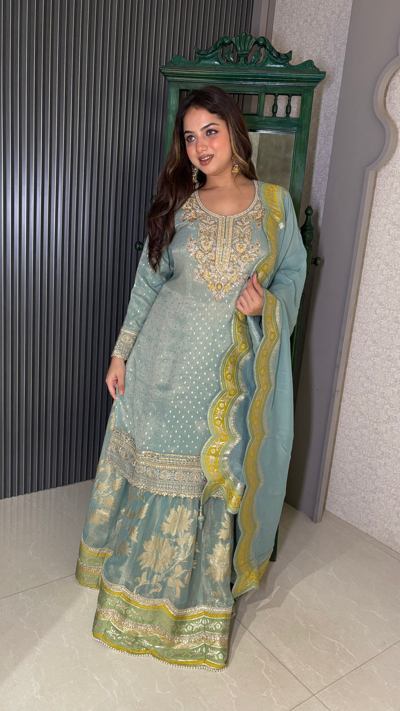 Banarasi Shimmer Suit  with Knot Work, Pearl & Sequin Zari Bottom