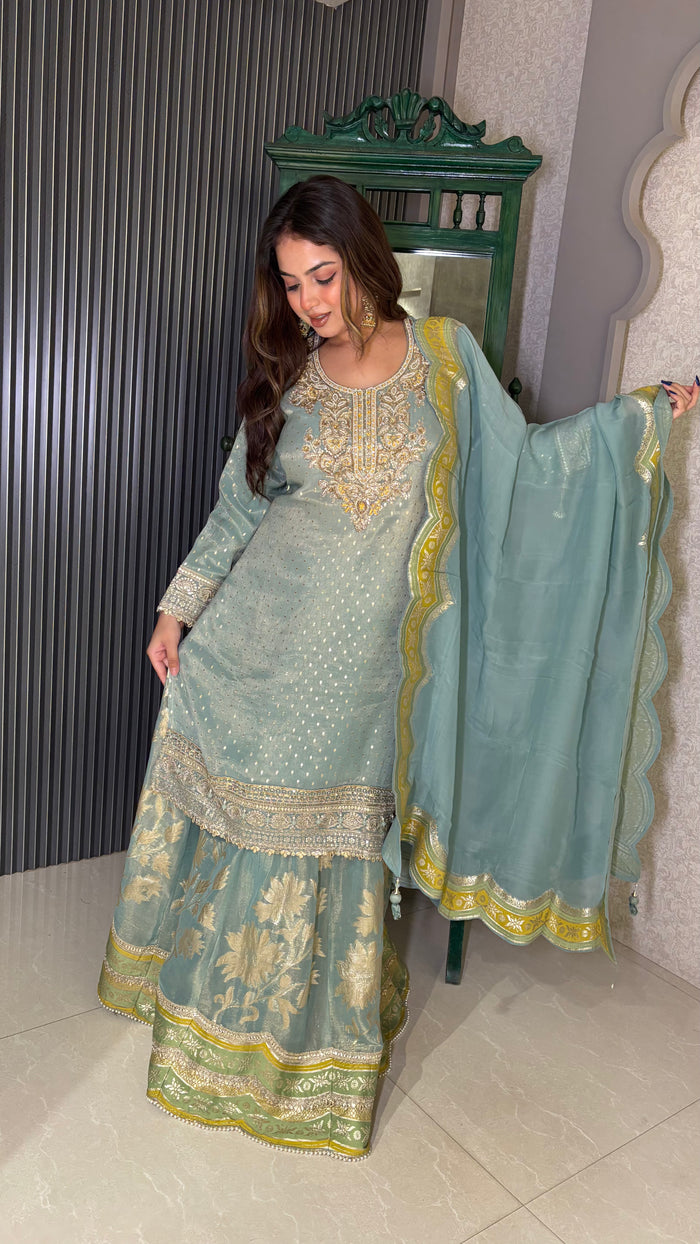 Banarasi Shimmer Suit  with Knot Work, Pearl & Sequin Zari Bottom