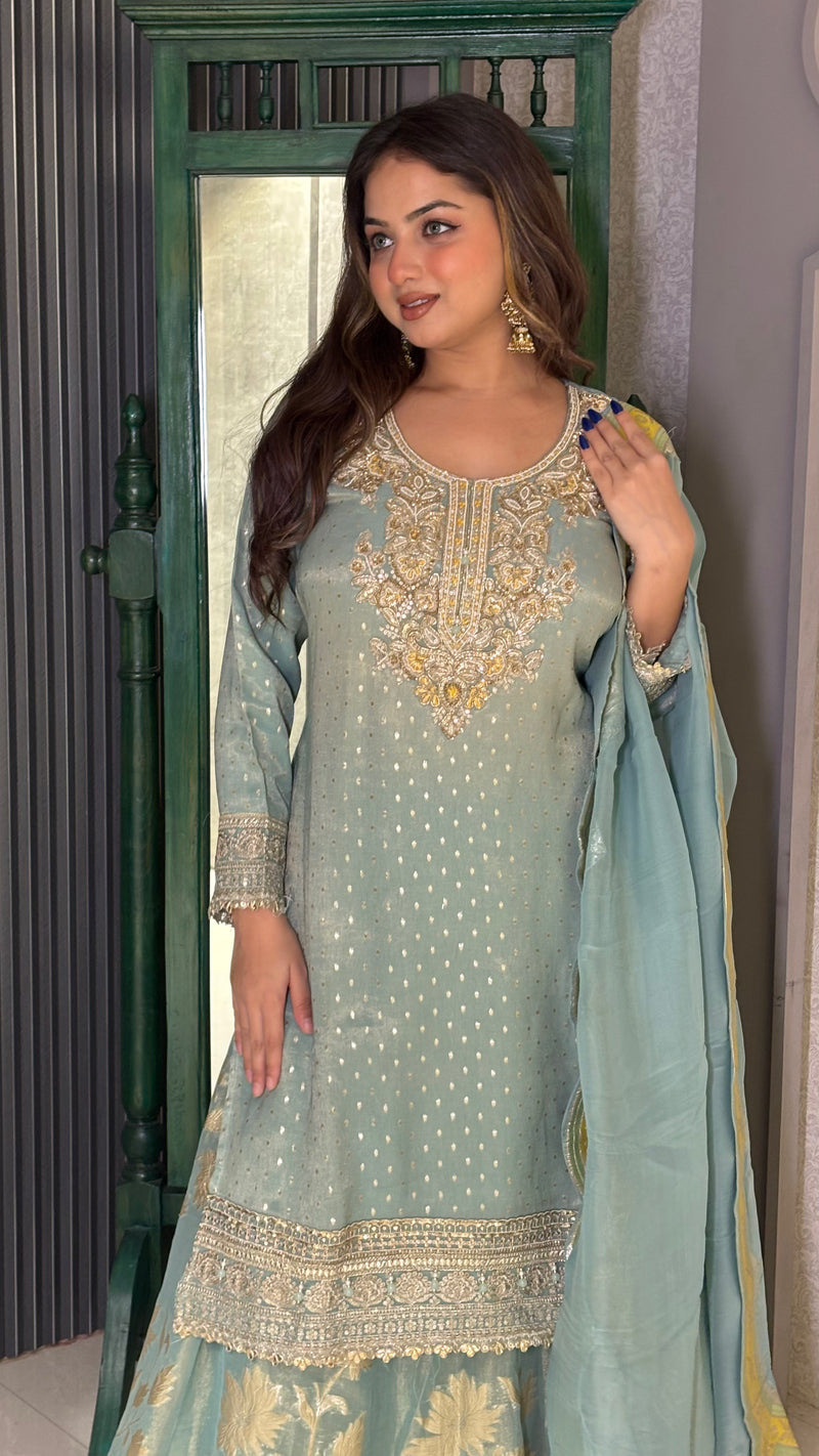 Banarasi Shimmer Suit  with Knot Work, Pearl & Sequin Zari Bottom