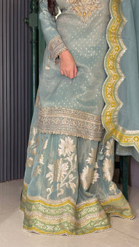 Banarasi Shimmer Suit  with Knot Work, Pearl & Sequin Zari Bottom